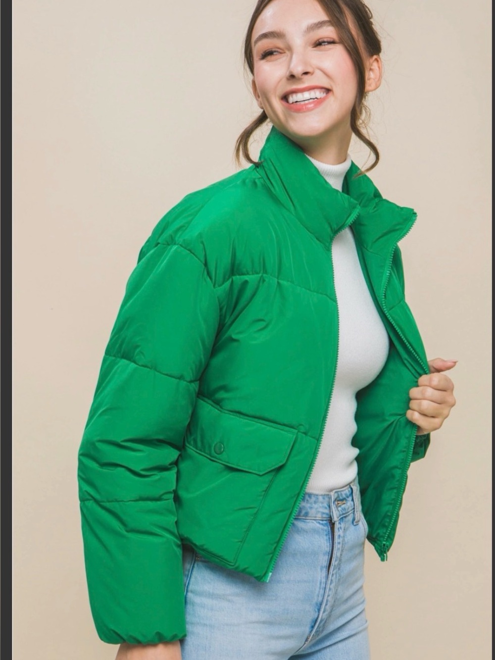 Women’s roolee “love tree” lightweight kelly Green cropped Puffer Jacket